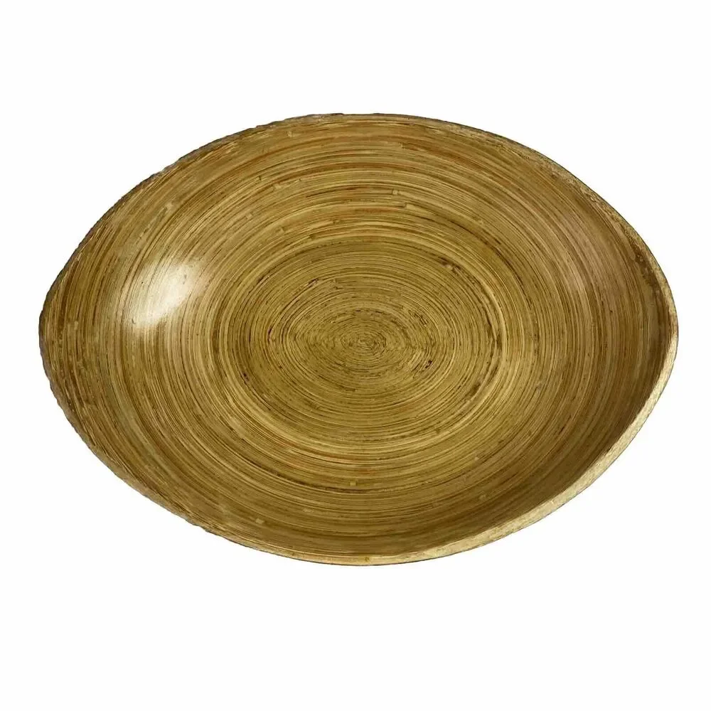 VTG Bamboo Dough Bowl Decor Serving Oval Carved Wood Grain Boho Cottage Gorpcore